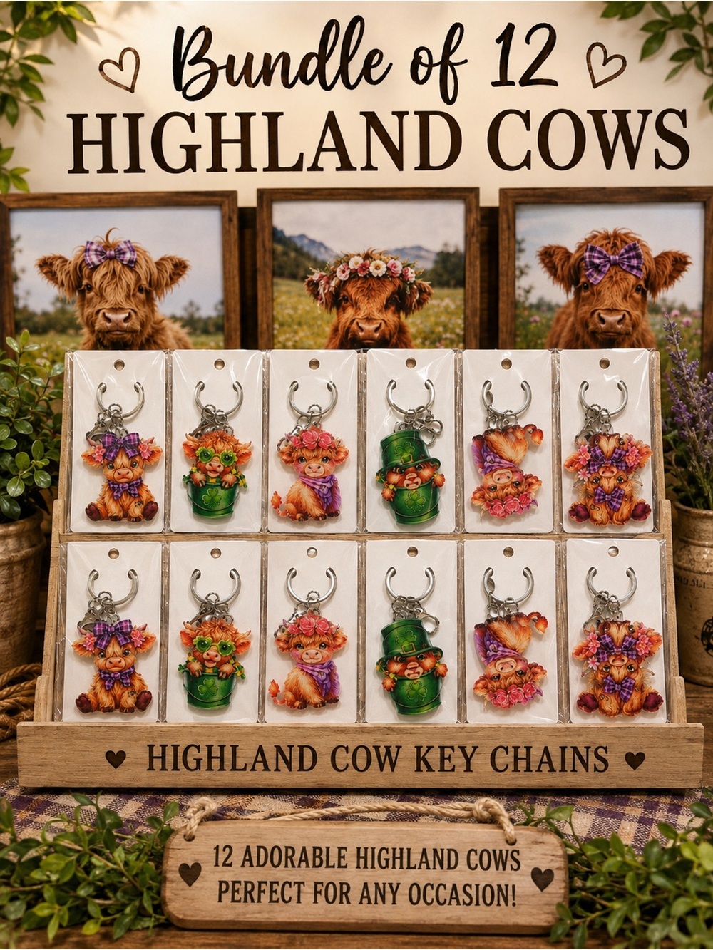 12- Highland Cow Keychain Sets - Assorted colors- Bundle of 12- New